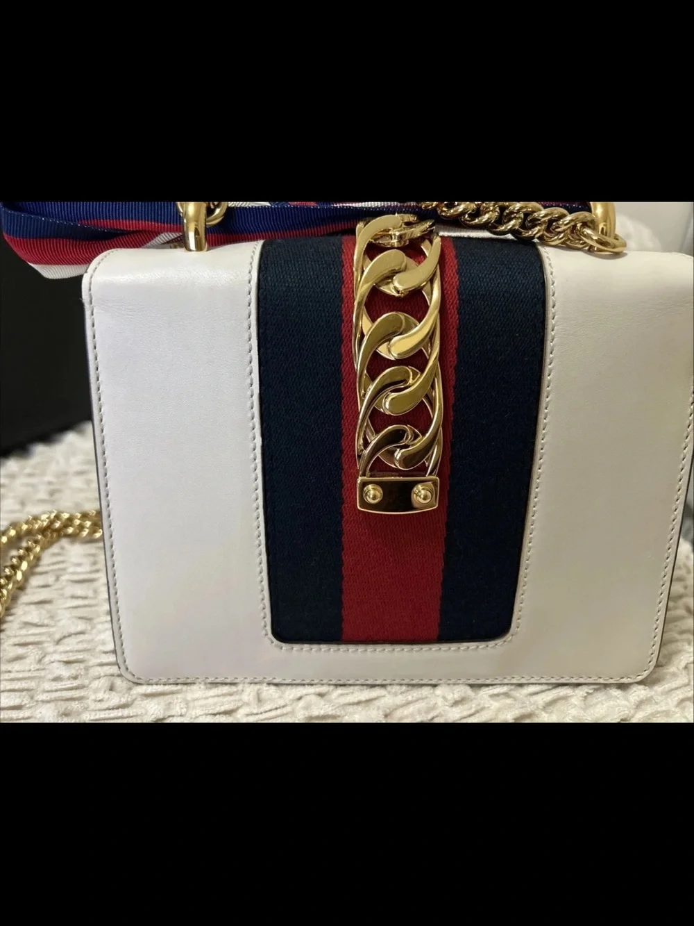 Gucci Sylvie White Leather Flap Chain Crossbody Shoulder Bag with Metal Buckle